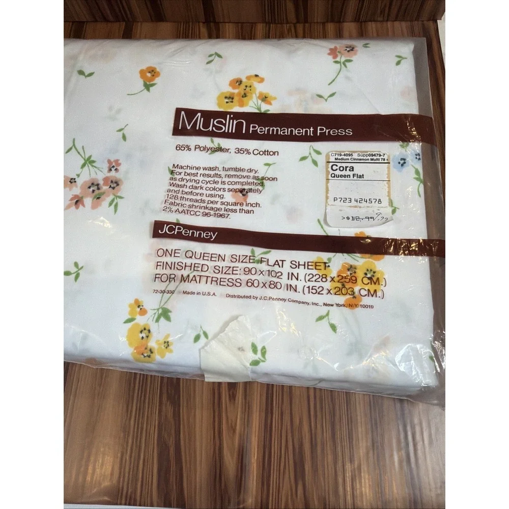 VTG JC‎ Penney Cora Queen Flat Sheet 2 Pillowcases Floral USA NOS Cottagecore